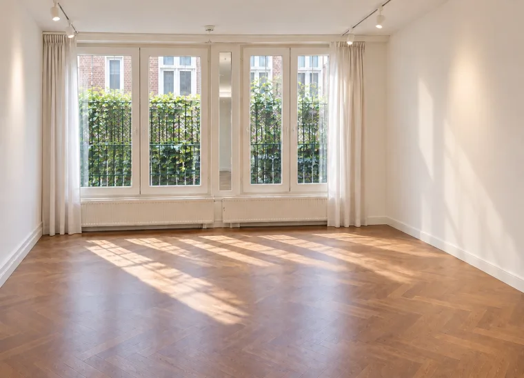 Finished impression looking across the empty herringbone-floor room towards the rear windows